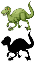 Set of dinosaur cartoon character and its silhouette on white background