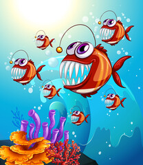 Angler fishes cartoon character in the underwater scene with corals