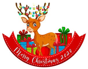 Merry Christmas 2020 font banner with reindeer on white background