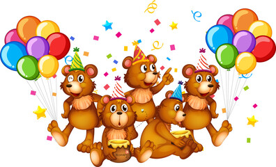 Bear group in party theme cartoon character on white background