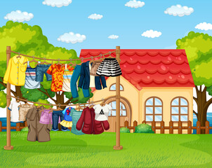 Many clothes hanging on a line in the outdoor scene