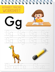 Alphabet tracing worksheet with letter and vocabulary