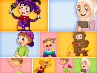 Set of different kid characters on different color background