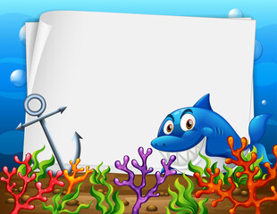 Blank paper template with a shark cartoon character in the underwater scene