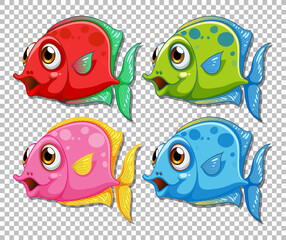Set of different color exotic fish cartoon character on transparent background
