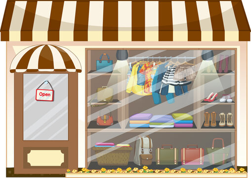 Front of clothing store showcase with clothes and accessories