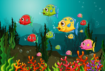 Many exotic fishes cartoon character in the underwater scene with corals