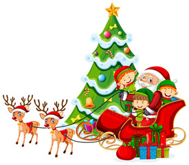 Santa Claus on sleigh with reindeer and many kids wear elf costume on white background