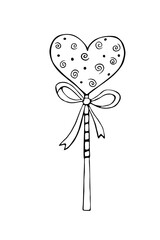 Vector outline heart shape lollipop gingerbread on stick with bow. Hand drawn contour doodle clip art. For Valentine's Day, confectionery shop decoration, food illustration. Love sweet candy
