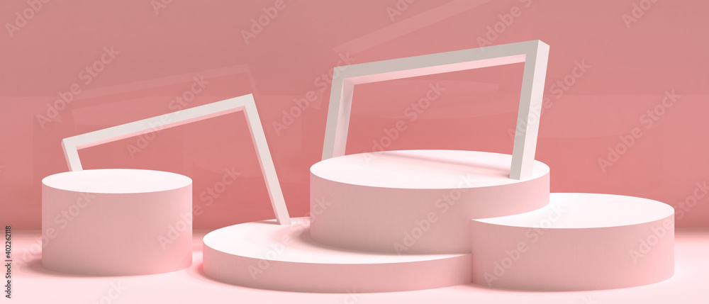 Poster podium banner stage geometric shapes and frame square box with cylinder concept minimal on red backg