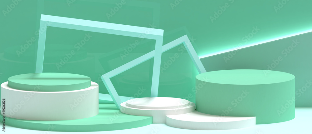 Fototapete minimal stage podium showcase geometric shapes square box and triangle concept on green light backgr