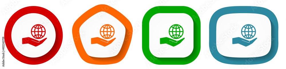 Aufkleber hand care planet environment vector icon set, flat design buttons on white background