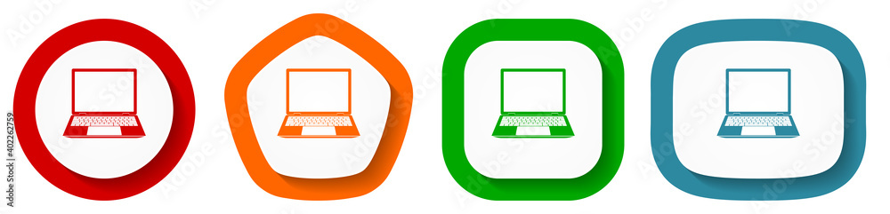 Fototapete open notebook, laptop, mobile computer vector icon set, flat design buttons on white background