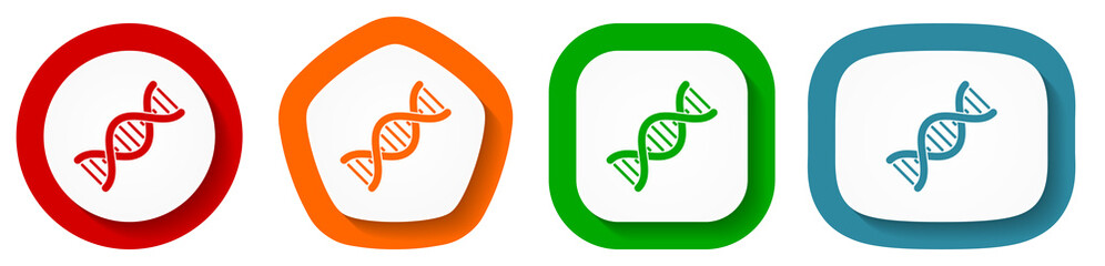 Dna, genetic molecule vector icon set, flat design buttons on white background