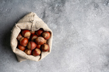 Hazelnuts in shell in pouch on the rustic background. Selective focus.