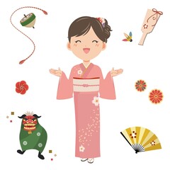 着物の女性とお正月モチーフ