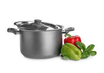 Cooking pot with vegetables isolated on white background