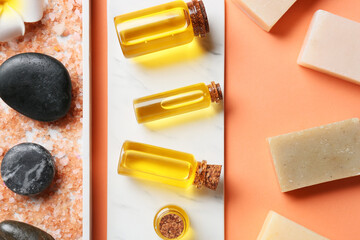 Spa composition with essential oil on color background