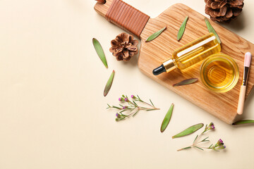 Herbal essential oil on light background