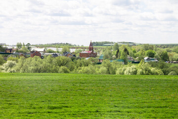 A lawn with green grass all the way to the horizon. Horizontal landscape of a flat field with fresh spring grass. Village, country houses, SNT, on the background of fields and trees.