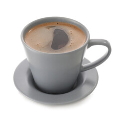 Cup with hot coffee on white background