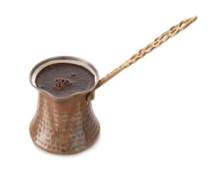 Cezve with coffee on white background