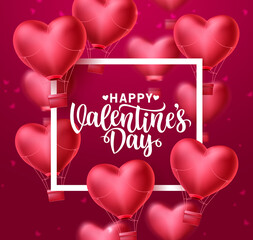 Happy valentines day greeting text vector template. Valentines celebration card with flying heart balloon elements in blurred red background. Vector Illustration.
