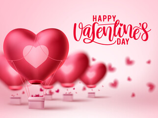 Valentines day heart balloon vector design. Happy valentines day greeting text with heart air balloon elements in blurred background. Vector Illustration.
