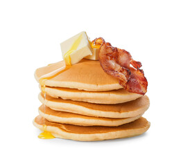 Tasty pancakes with fried bacon and butter on white background