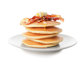 Plate of tasty pancakes with fried bacon on white background