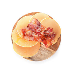Plate of tasty pancakes with fried bacon on white background