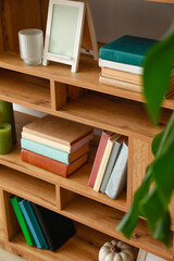 Shelving unit with books in interior of room
