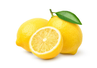 Natural Lemon fruit with cut in half and green leaf isolated on white background.