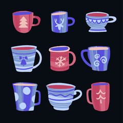Hand drawn colorful winter hot beverages in christmas mugs and cups set.