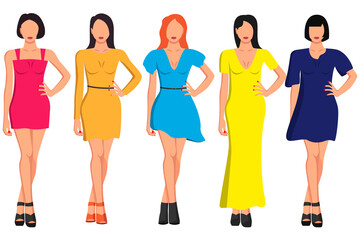 Obraz premium A set of five girls with a good figure in beautiful clothes of different styles and colors.