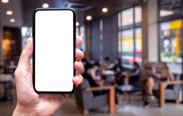 blank of mobile phone screen at coffe shop background