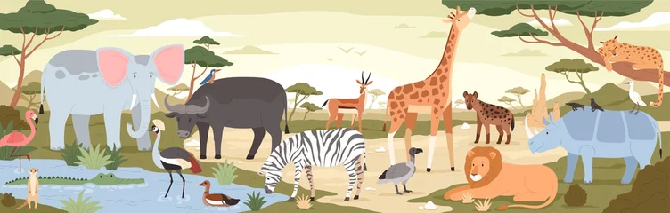  Natural landscape with savannah animals, reptiles and birds. Panoramic scenery with wild habitant. Exotic savanna inhabitants in african national park. Vector illustration in flat cartoon style © Good Studio