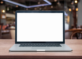 blank screen of laptop computer at coffee shop