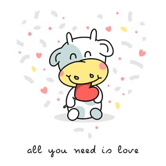 vector valentine's day card, delicious heart shaped lollipop, young bull smiles, all you need is love
