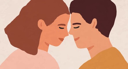 Happy cute couple in love. Portrait of young man and woman in romantic relations. Boyfriend and girlfriend. Hand-drawn colored flat vector illustration for Valentine's Day
