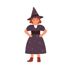 Funny little girl in witch costume vector flat illustration. Cute child wizard or sorcerer wearing dress and hat isolated on white. Amusing kid in mage apparel for carnival, halloween or theme party