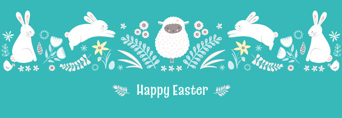 Easter pattern. Cute Springtime holiday border design of bunnies and flowers. Vector banner illustration.