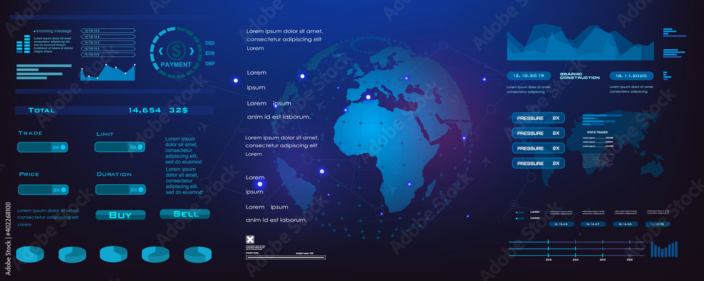 Poster futuristic concept banner with earth globe. innovative user interface with hud elements. world inter