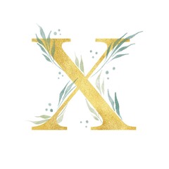 Golden letter X with watercolor elements illustration. Isolated white background