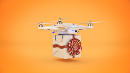 Drone with the gift, delivery concept. 3d rendering	