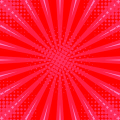 Abstract red striped retro comic background with halftone corners. Template with rays, dots and halftone effect texture. Vector illustration. EPS10