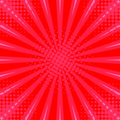 Abstract red striped retro comic background with halftone corners. Template with rays, dots and halftone effect texture. Vector illustration. EPS10