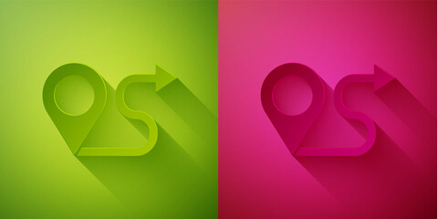 Paper cut Route location icon isolated on green and pink background. Map pointer sign. Concept of path or road. GPS navigator. Paper art style. Vector Illustration.