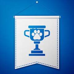 Blue Pet award symbol icon isolated on blue background. Medal with dog footprint as pets exhibition winner concept. White pennant template. Vector.