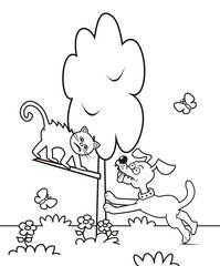 The dog arrives at the cat in the tree. Funny vector illustration. Coloring book for children.